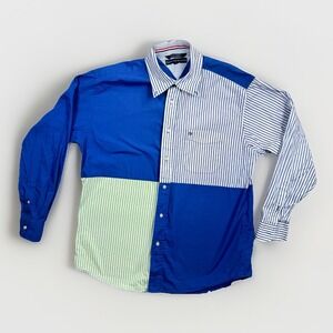 Vintage Tommy Hilfiger Blue Green Color Block Button Down Shirt Mens M